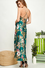 Emerald Green Floral Print Satin Slit Open Back Dress