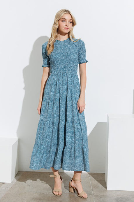 Teal Smocked Bodice Tiered Maxi Dress