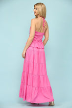 Fuchsia Shiny Woven Halter Neck Strap Key Hole Front Midi