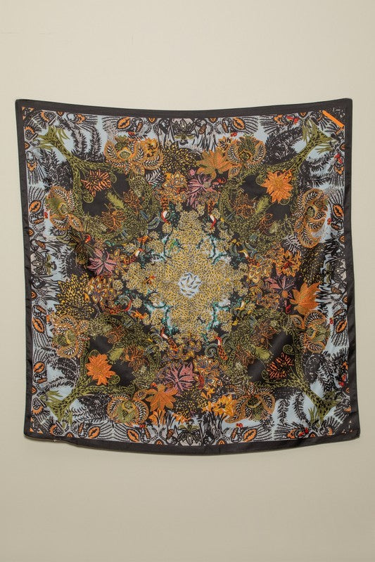 Black Baby Blue Floral Printed Silky Twill Scarf
