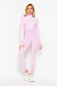Baby Pink Honey Comb Active Cropped Jacket Leggings Set