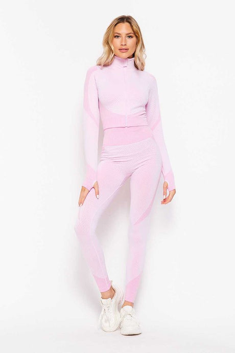 Baby Pink Honey Comb Active Cropped Jacket Leggings Set