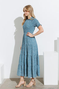 Teal Smocked Bodice Tiered Maxi Dress