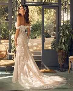 White&Nude Long Off Shoulder Lace and Tulle Wedding Dress