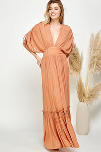 Copper Ruched Tiered V Neck Lurex Insert Maxi Dress