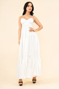 Off White Strech Satin Solid Back Open Long Dress