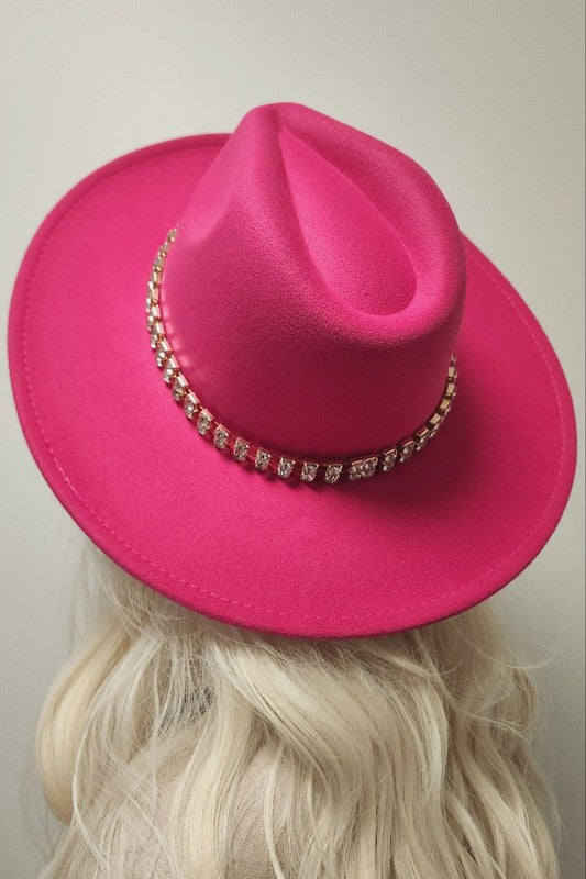 Fuchsia Rhinestone Trim Panama Fashion Hat Fedora Hat