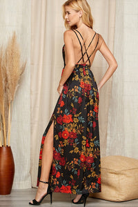 Multi Black Floral Print Open Back Maxi Dress