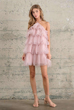 Nude Halter Neck Tulle Ruffle Mini Dress