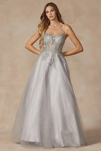 Silver Leaf Lace Gown With Corset Bodice Prom Gown