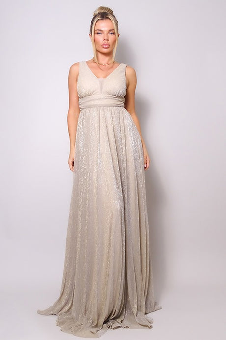 Gold Sleeveless Deep V Glitter Ice Queen Maxi Dress
