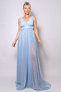 Light Blue Sleeveless Deep V Glitter Ice Queen Maxi Dress