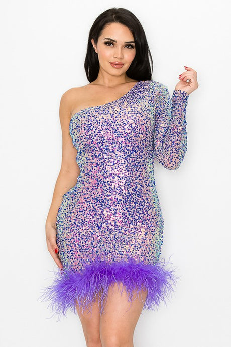 Purple One Shoulder Feather Sequin Long Sleeve