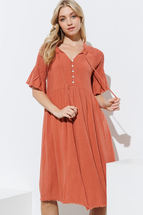 Rust V Neck Button Up Midi Dress With Self Tie
