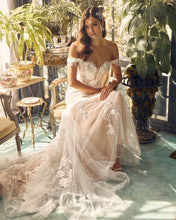 White&Nude Long Off Shoulder Lace and Tulle Wedding Dress