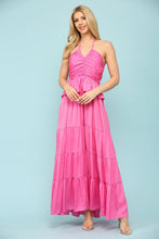 Fuchsia Shiny Woven Halter Neck Strap Key Hole Front Midi