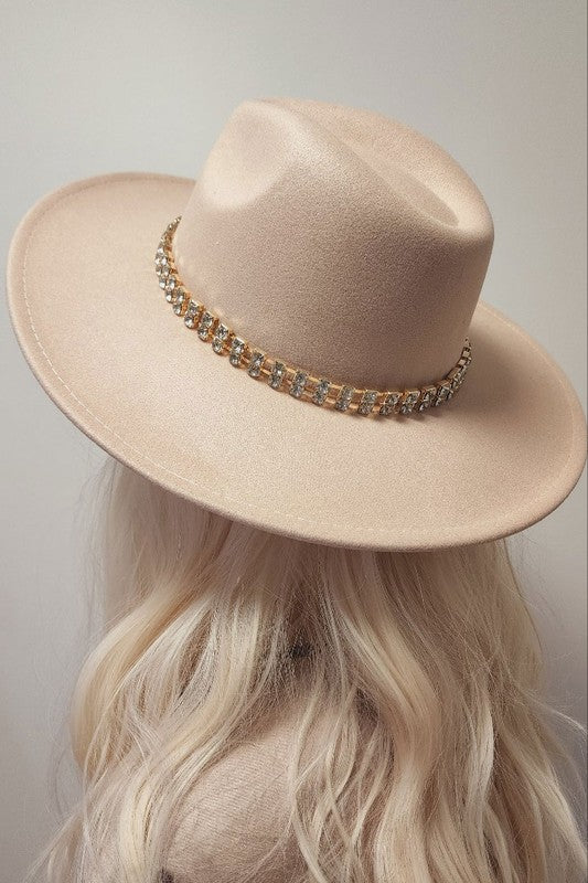 Beige Rhinestone Trim Panama Fashion Hat Fedora Hat