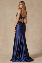 Navy Blue Embroidered Bodice Plunging Neck Prom Dress