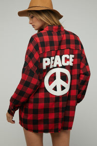 Red Plaid Embroidered Patch Button Down Jacket