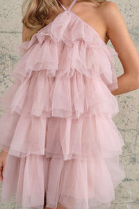 Nude Halter Neck Tulle Ruffle Mini Dress