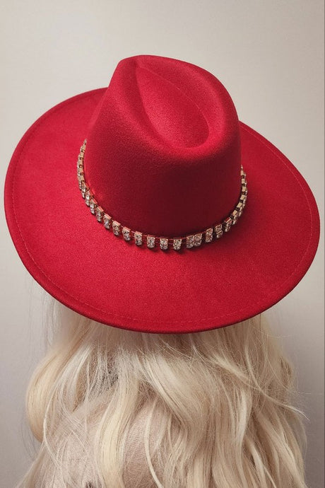 Red Rhinestone Trim Panama Fashion Hat Fedora Hat