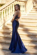 Navy Blue Embroidered Bodice Plunging Neck Prom Dress