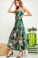 Emerald Green Floral Print Satin Slit Open Back Dress
