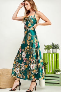 Emerald Green Floral Print Satin Slit Open Back Dress