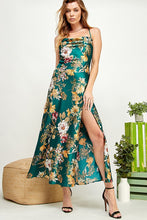 Emerald Green Floral Print Satin Slit Open Back Dress