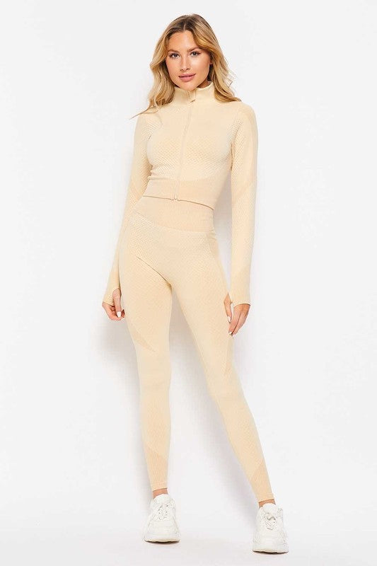 Nude Honey Comb Active Cropped Jacket Leggings Set