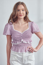 Purple Sweetheart Neck Top With Smocking Bodice Detail