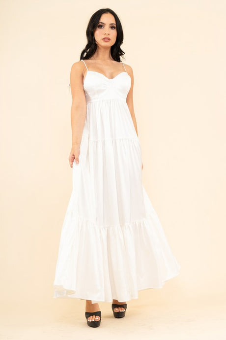Off White Strech Satin Solid Back Open Long Dress