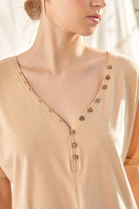 Sand Slub Knit Jersey Top With Button Up Detail