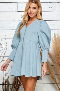 Dusty Blue Zippered Front Cuff Sleeve Mini Dress