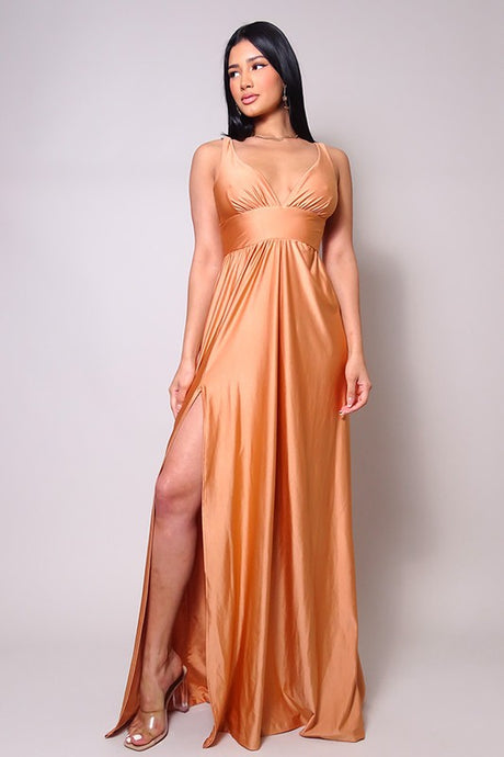 Macchiato Sleeveless Deep V Side Slit Maxi Gown
