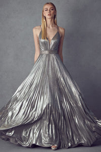Charcoal Pleated V-neck Prom Evening Dress