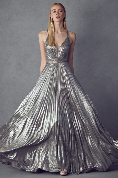 Charcoal Pleated V-neck Prom Evening Dress