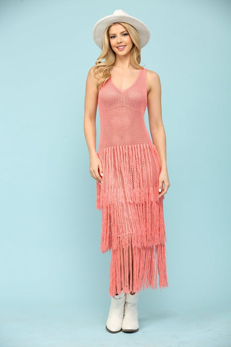 Apricot Knit Layered Fringe Long Dress