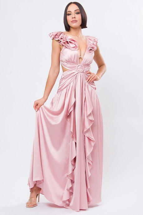 Blush Pink Solid Satin Ruffle Sleeve Gown