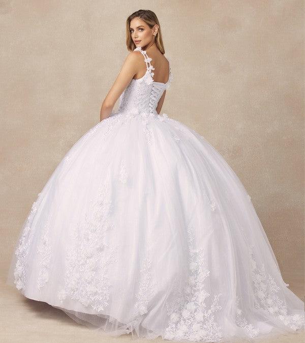 White Floral Applique Quinceanera Ball Gown With 3d Flow