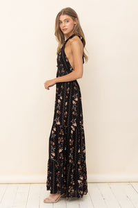 Black Floral Maxi Dress With Ruffle Details