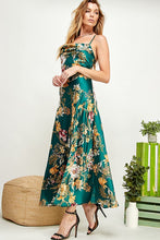 Emerald Green Floral Print Satin Slit Open Back Dress