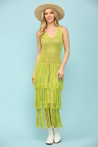 Sage Knit Layered Fringe Long Dress