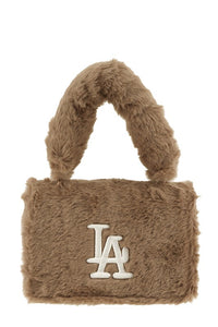 Taupe La Embroidery Fuzzy Fur Textured Crossbody Bag