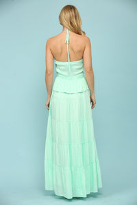 Mint Shiny Woven Halter Neck Strap Key Hole Front Midi