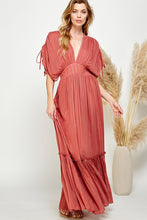 Copper Ruched Tiered V Neck Lurex Insert Maxi Dress