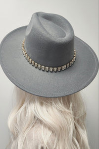 Grey Rhinestone Trim Panama Fashion Hat Fedora Hat