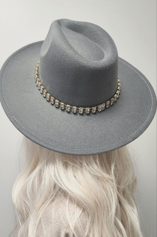 Grey Rhinestone Trim Panama Fashion Hat Fedora Hat