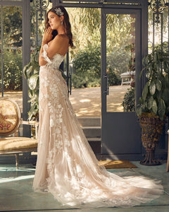 White&Nude Long Off Shoulder Lace and Tulle Wedding Dress