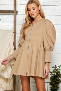 Taupe Zippered Front Cuff Sleeve Mini Dress
